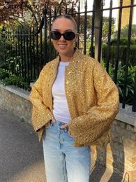 Women's Jackets Fashion Sequin Gold Croped Jacket Women Stand Collar Long Sleeve Loose Coats Autumn Casual Single Breasted Coat Streetwear 231031