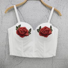 Women's Tanks Sexy Crop Top With Built In Bra Full Cup Floral Embroidered Female Fairy Women Off Shoulder Slim Camis Push Up Bralette