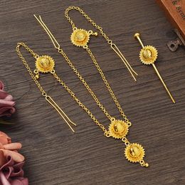 Necklace Earrings Set Ethiopian Head Chain Habesha Gold Colour Hair Piece Jewellery Eritrea Wedding Gifts For Women Bride Gift