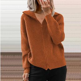 Women's Knits Solid Knitted Coat 2023 Autumn/Winter Stripe Casual Loose Sweater Zipper Cardigan Long Sleeve Polo Neck For Wom