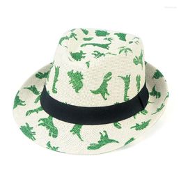 Berets Kids Boys Sun Straw Hat Fashion 2023 Summer Cartoon Dinosaur Print Ribbon Jazz Top Beach Cap Fedora Hats