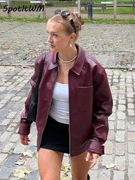 Women's Jacket PU Bomber With Zipper Chic Retro Lapel Loose Casual Long Sleeve Short Coat Autumn Fashion Motorcycle Leather Tops 231031