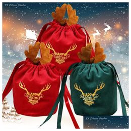 Gift Wrap Gift Wrap 10/20Pcs Christmas Bags Veet Dstring Presents Elk Antlers Reindeer Packing For Xmas Party Favor Wrap Decor Drop De Dhdl3