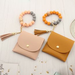 Silicone Beads Bracelet Keychain Ring with Wallet for Women Key Chain Bangle with Tassel Keychain Wristlet Strap Card Holder FY3455 bb0401