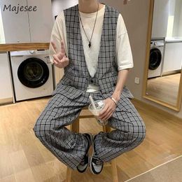 Men's Tracksuits Sets Men Summer Thin Plaid Pants Sleeveless Vests Popular Pockets Ulzzang Handsome Male All-match Clothing Fashion Casual Cosy W0322