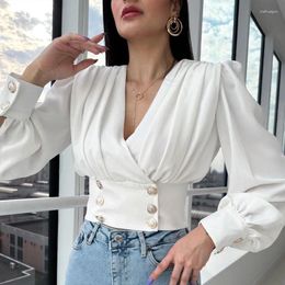 Women's Blouses Deep V Neck Ruffle Puff Sleeve Crop Top Y2k Shirts Sexy White Party Short Tops Winter Streetwear Dressy Trendy