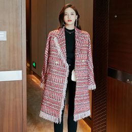 Women's Wool Blends Style OL Weave Tweed Coat Women Elegant Fashion Medium Long Tassel Jacket England Style Red Plaid Straight Outwear Female S-L 231101