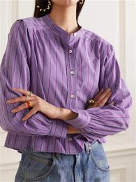 Women's Blouses Cotton Women O-neck Shirt Stripes Long Sleeve Casual 2023 Autumn Fashion Female Blouse Top