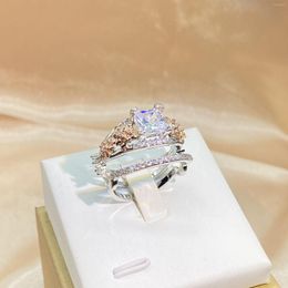 Cluster Rings Creative 2PC Two-Piece Set Of Flowers Couple For Women With Openwork Square Crystal Full Diamond Wedding Gift Jewellery