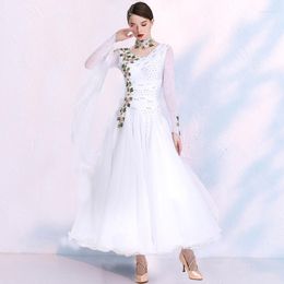 Stage Wear Lady's White Ballroom Competition Dance Dress 2023 High Quality Waltz Dancing Skirt Adult Long Sleeve Standard Dresses