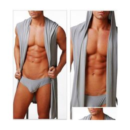 Men'S Sleepwear Wholesale-Mens Underwear Leisure Lounge Robe Hooded Y Meryl Silk Soft Gown Pajamas Robes Mens Sleep Men Bathrobe Drop Dh8I2