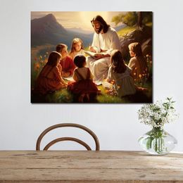 Canvas Poster Photo Picture Print Jesus Teaching Children Framed Painting for Living Room Wall Decor