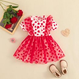 Girl Dresses FOCUSNORM 0-3Y Valentines Days Toddler Sweet Dress Heart Print Short Sleeve Mesh Patchwork A-Line