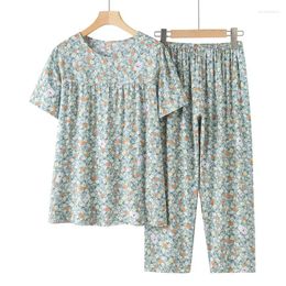 Women's Two Piece Pants Grandma 2023 Summer Clothes Suit Floral Elderly Female Mother Short Sleeve Cotton Silk Two-piece Set