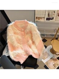 Women's Knits Pink Mohair Cardigan Knitted Sweater Vintage Harajuku Kawaii Korean Y2k 90s Aesthetic Long Sleeve Sweaters 2000s Clothes