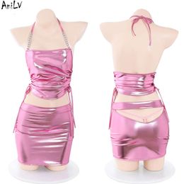 Ani 2023 Girl Pink Bling Laser Maid Uniform Costume Women Drawstring Chain Halter Top Outfits Costumes Cosplay cosplay