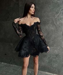 Black Lace Sexy Short Prom Party Dress 2024 Off Shoulder Appliques Corset Long Sleeve A Line Birthday Event Dress Mini Cocktail Gowns Robe De Soiree