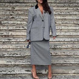 Two Piece Dress 2023 Fall Women Houndstooth Blazer Suit Sets Turn-down Collar Blazers Tops And Pencil Skirts Femme High Street Outfit