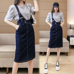 Skirts Women Denim Suspender Dress Spring Summer Autumn Fashion Casual Vintage Sweet Slim Ripped Jean Knee Length Pencil Skirt Overalls