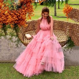 Halter Pink Pleat Ball Prom Dresses Multilayer Tulle Formal Party Gown Layered Floor Length Vestidos De Noche 326 326