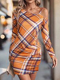 Casual Dresses Plaid Button Ruched One Sided Cold Shoulder Mini Dress Sexy Drawstring Long Sleeve Women Strap Fall 2023 Party Cami
