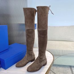 Quality Fashion Suede Tight High Boots Lace-up Stretch Fabric Round toe Flat Over The Knee Boots Brown Grey Fall Winter Long Boots