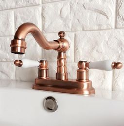 Kitchen Faucets Antique Red Copper Double Handle Dual Hole Deck Mounted Basin Faucet Swivel Bathroom Sink Mixer Tap 2rg048