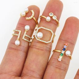 Cluster Rings No Tarnish Fashion Luxury Gold Plated Cubic Zircon Small Pearl Geometric Adjustable Ring Jewelry