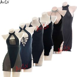 Ani Black Sexy Tight Dress Series Uniform Costume Women Chain Mesh Hollow Strap Nightdress Pamas Hot Lingerie Cosplay cosplay