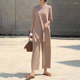 Women's Two Piece Pants Ice Silk Knitted Set Women Casual Long Pullovers Tops And Wide-Leg Suits Split Korean Loose Matching B041