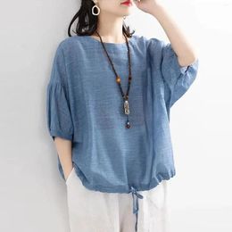 Women's Blouses Summer Oversize Shirt Casual Loose Cotton Linen Short Sleeve Pullover Tops Drawstring Waist Shirts For Women Tshirts Clothes