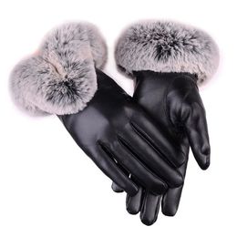 Five Fingers Glove Winter Faux Rabbit PU Leather Touch Screen Mittens Lady Female Outdoor Driving Warm 231101