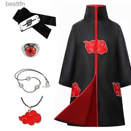 Anime Costumes Anime come cape dn Organisation cape embroidered red cloud cartoon pattern robe Halloween Cosplay necklace with ring accessL231101