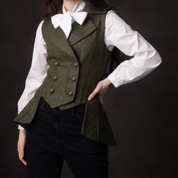 Two Piece Dress Woman's Vest Plaid Herringbone Tweed Army Green Tailored Collar Double Breasted Elegant OL Waistcoat Business Waistcoat 231101