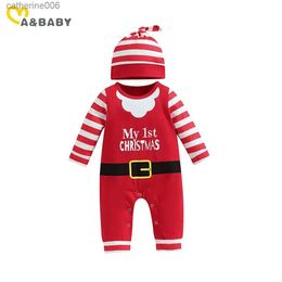 Jumpsuits ma baby 0-18m Christmas Newborn Infant Baby Romper Santa Costume Striped Letter Print Long Sleeve jumpsuit Hat Xmas Outfits D05L231101