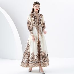 Vintage Paisley Floral Maxi Dress Women Designer Lantern Sleeve Bow Belted Vacation White Long Dresses 2023 Autumn Winter Chic Runway Stand Collar Slim Party Frocks