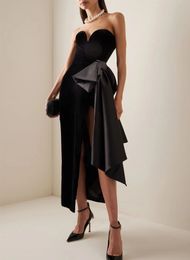 Black Velour Short Women Prom Party Dress 2024 Sweetheart Big Bow Side Split Simple Ankle Length Evening Formal Gowns Celebrity Wear Robe De Soiree
