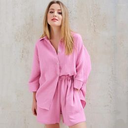 Women's Sleepwear Crepe Pajamas Sets Cotton Solid Loose Outdoor Long Sleeve Shorts Clothing Suit Cardigan Ladies Home Nightgown