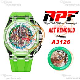 APF 44mm Aet Remould A3126 Automatic Chronograph Mens Watch Transparent Composite Material Case Colorful Dial Green Rubber Super Version Reloj Hombre Puretime B2