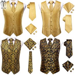 Men's Vests Hi-Tie Luxury Silk Mens Gold Yellow Orange Waistcoat Jacket Tie Hankerchief Cufflinks for Men Dress Suit Wedding Business 230331