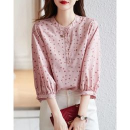 Women's Blouses & Shirts Circle Print Pink Chiffon Top 2023 Summer Office Loose Sweet Button Up Shirt Polka-dot 3/4 Sleeve Blusa