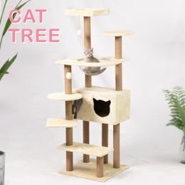 153cm 60.23 Inches Luxury Modern Plush Cat Tree Tower Climbing Pets Scratching House Posts Wooden Large Space Capsule Cat Condo