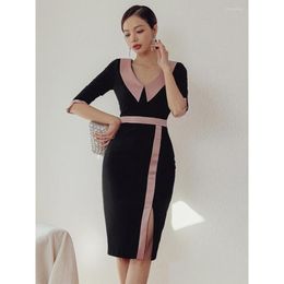 Basic & Casual Dresses Casual Dresses Arrival Fashion Korean Spring Midi Dress Women Ol Temperament Professional V-Neck Half Sleeve Sl Dh76S