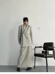 Two Piece Dress Autumn Profession Set Women Grey Stripe Suit Coat And High Waist Straight Long Skirt Korean Beige Office Lady Y2k