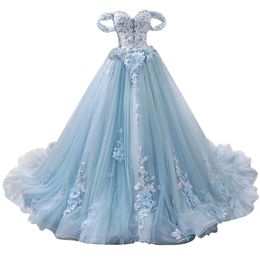 Quinceanera Dresses Princess Sky Blue Flowers Appliques Sweetheart Tulle Ball Gown Lace-up Plus Size Sweet 16 Debutante Party Birthday Vestidos De 15 Anos Q19