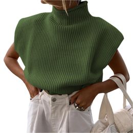 Women's Sweaters Thorn Tree Women Autumn Winter Shoulder Pad Sweater Tops Sleeveless Turtleneck Pullover Vest Wide Knitted Jumper 231031