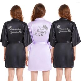 Women's Sleepwear 1pc Mis Quince Robe Stain Women Short Pruple Black Glitter Silver Writing Mama Hermana De La Quinceanera Kimono Robes