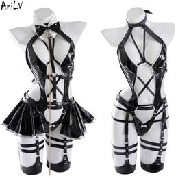 Ani 2022 Anime Girl Group Leather Bodysuit Dress Unifrom Women Cross Strap Bandage Maid Outfits Costumes Cosplay cosplay