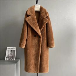 Women's Fur Faux Fur Women Long Cashmere Coat Wool Woven Fabric Thick Warm Outerwear Oversize Fashion Streetwear Teddy Bear Winter Jacket 231031