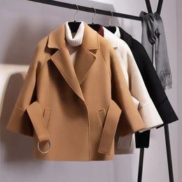 Women's Wool Blends Spring Autumn Winter Women Short Woolen Coat Belt Jacket Female Raglan Sleeves Cloak Jackets Elegant Single Button Black Camel 231101